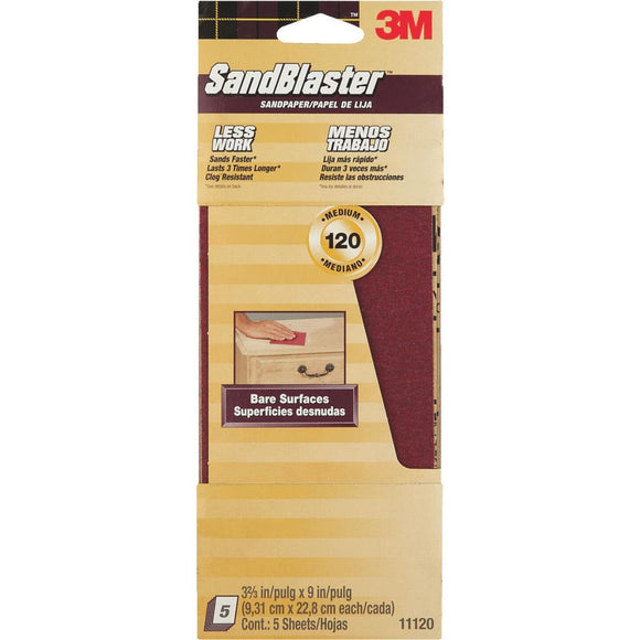3M SandBlaster No Slip Grip Backing 3-2/3 In. x 9 In. 120 Grit Medium Sandpaper (5-Pack)